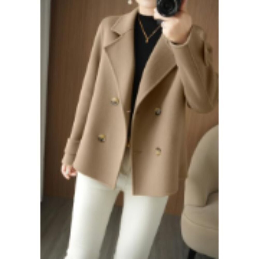 Wool Blend Pea Coat Loose Fit Double Breasted Blazer - Picture 4 of 5